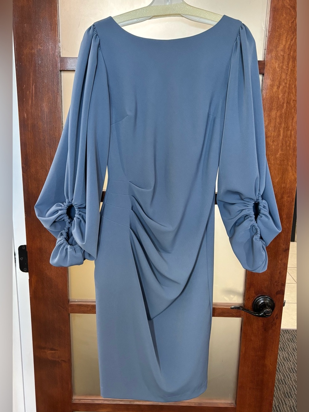Posh Couture Slate Blue Midi Dress with Gathered Statement Sleeves